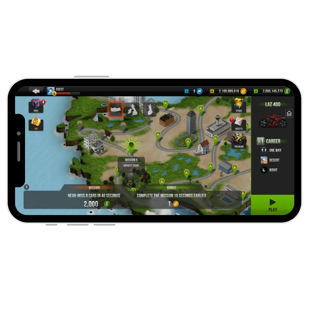 Missions and levels in traffic rider mod apk