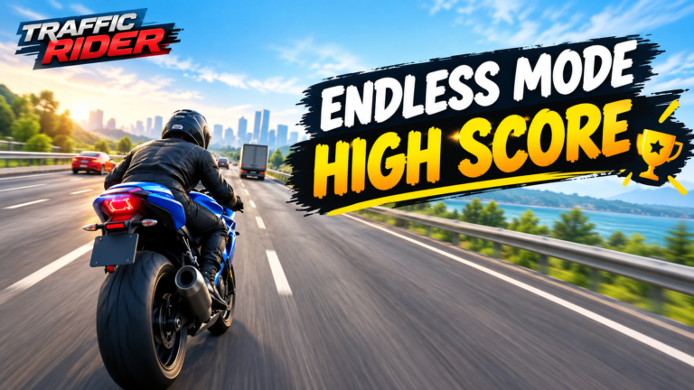 Traffic Rider Endless Mode High Scores Guide 2026 1 Traffic Rider Endless Mode high score with a motorcycle riding on a busy highway.