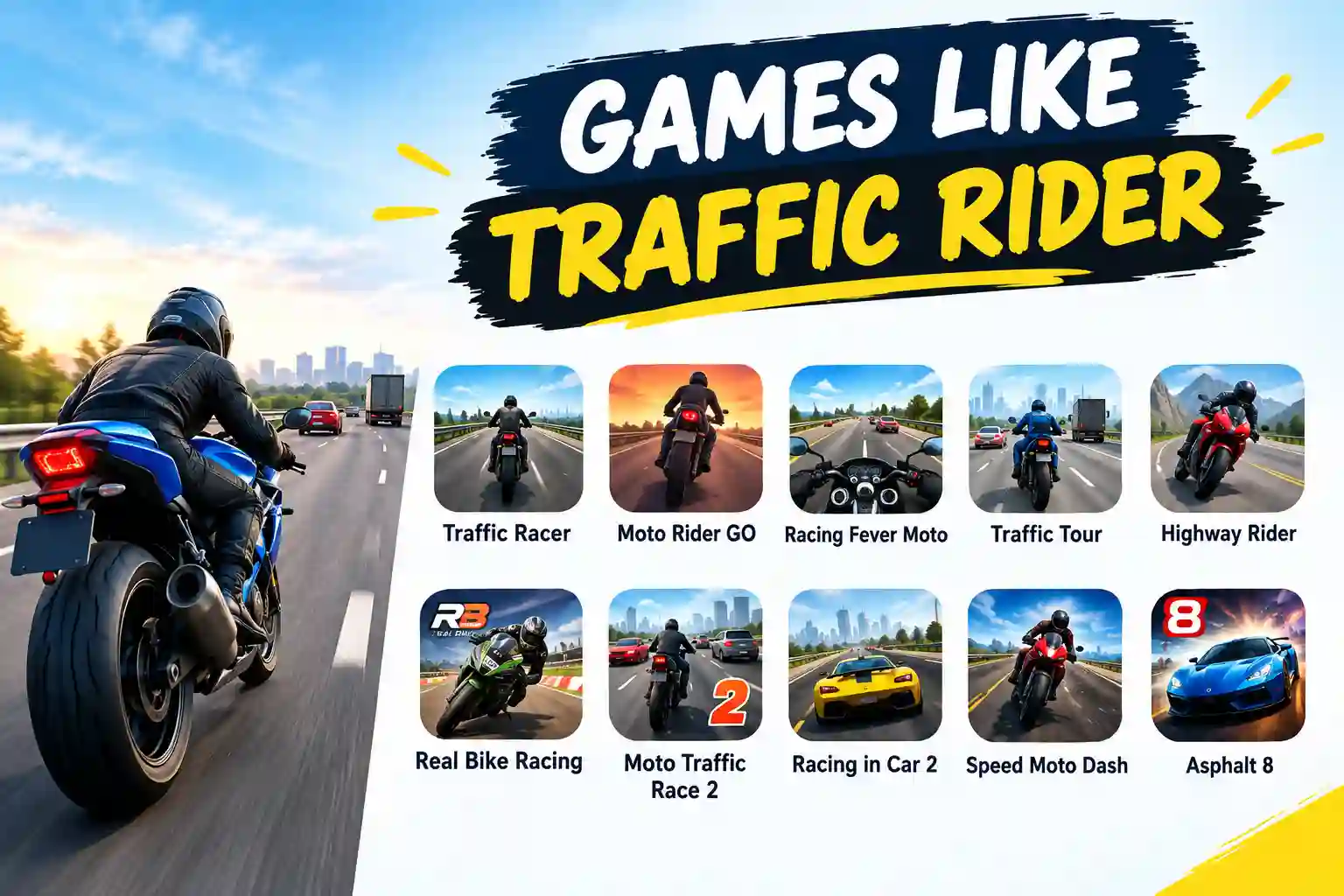 Games like Traffic Rider featuring popular motorcycle and racing games.