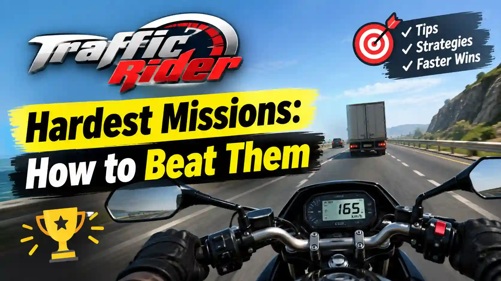 Traffic Rider motorcycle gameplay showing a rider speeding on a highway while completing challenging missions.