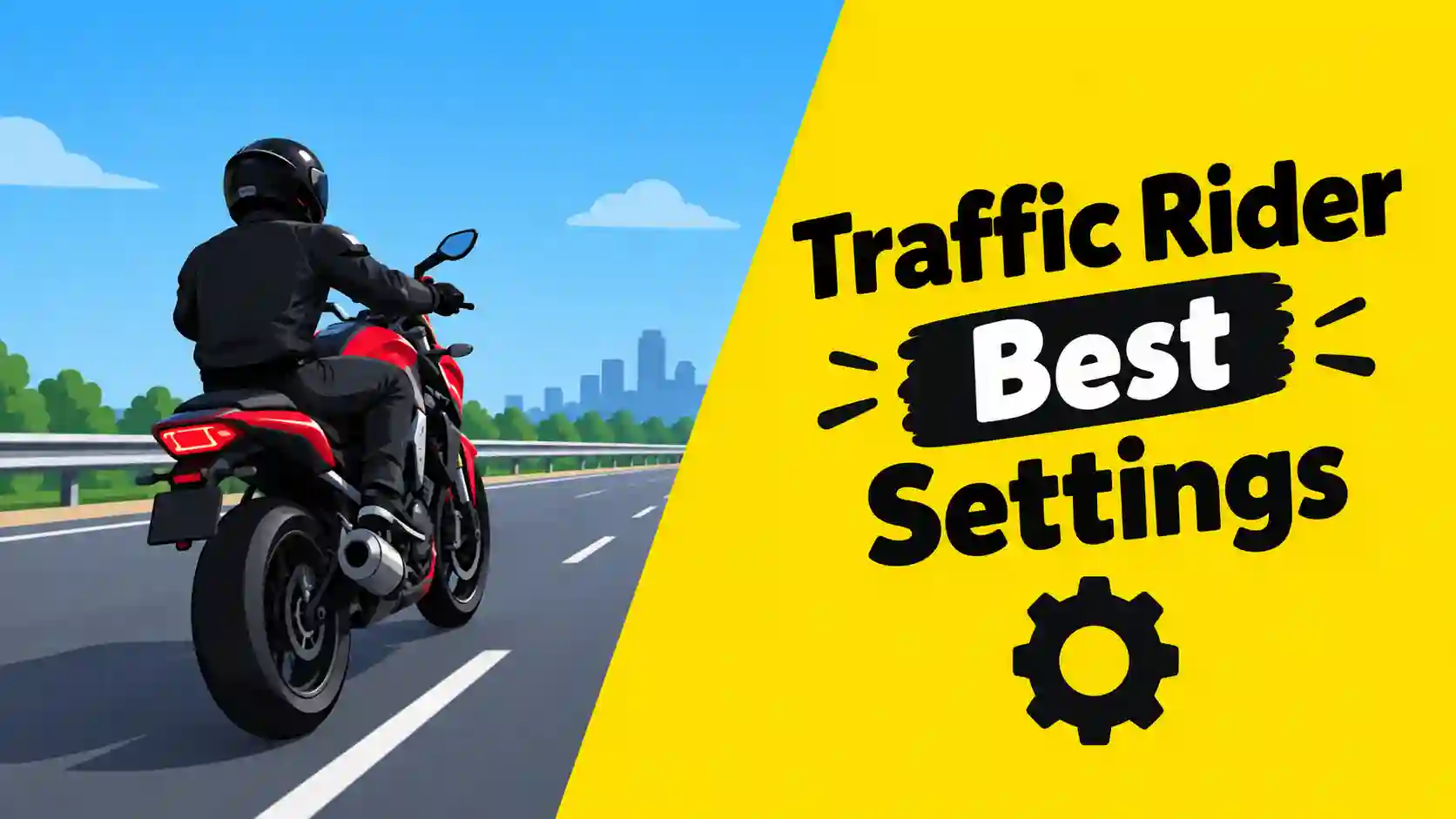 Traffic Rider Best Settings thumbnail showing a motorcycle rider on a highway with bold yellow text and a settings gear icon.